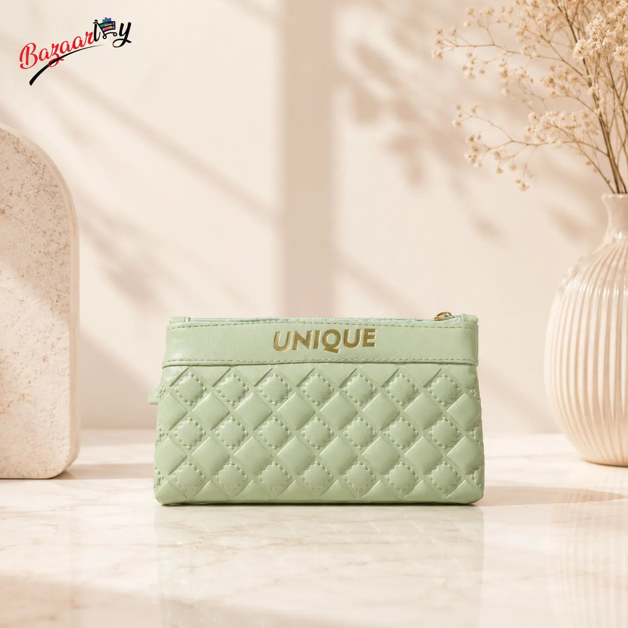 Elegant Green Quilted Pouch Bag for Women – Unique Zipper Wristlet & Mini Handbag